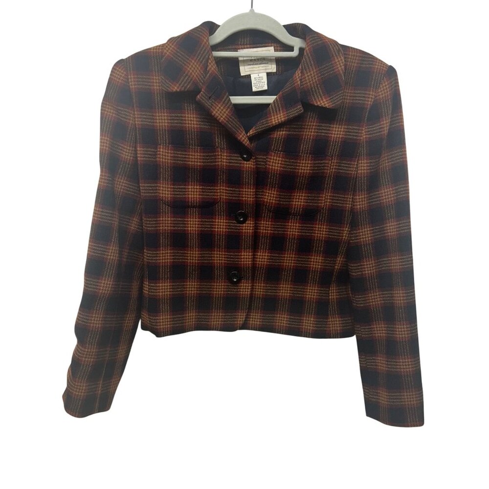 Field Manor Plaid Wool Blend Cropped Blazer Navy/Red/orange Size 8